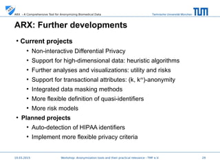 Technische Universität MünchenARX - A Comprehensive Tool for Anonymizing Biomedical Data
●
Current projects
●
Non-interactive Differential Privacy
●
Support for high-dimensional data: heuristic algorithms
●
Further analyses and visualizations: utility and risks
●
Support for transactional attributes: (k, km
)-anonymity
●
Integrated data masking methods
●
More flexible definition of quasi-identifiers
●
More risk models
●
Planned projects
●
Auto-detection of HIPAA identifiers
●
Implement more flexible privacy criteria
19.03.2015 29
ARX: Further developments
 