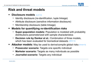 Technische Universität München
Risk and threat models
• Disclosure models
• Identity disclosure (re-identification, tuple linkage)
• Attribute disclosure (sensitive information disclosure)
• Membership disclosure (table linkage)
• Models for quantifying re-identification risks
• Super-population models: Population is modeled with probability
distributions parameterized with sample characteristics
• Decision rule by Dankar et al.: Combination of three models,
which has been evaluated for biomedical datasets
• Attacker models: May be used to derive/compile global risks
• Prosecutor scenario: Targets one specific individual
• Marketer scenario: Targets as many individuals as possible
• Journalist scenario: Targets any individual
719.03.2015
[Emam13]
[DEN+12]
[LLZ+12]
An overview of methods for data anonymization
 