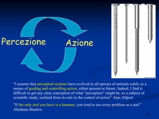 10
Percezione Azione
“I assume that perceptual systems have evolved in all species of animals solely as a
means of guiding and controlling action, either present or future. Indeed, I find it
difficult to get any clear conception of what “perception” might be, as a subject of
scientific study, isolated from its role in the control of action” Alan Allport
“If the only tool you have is a hammer, you tend to see every problem as a nail.”
Abraham Maslow.
 