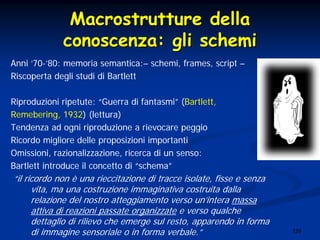 129
MacrostruttureMacrostrutture delladella
conoscenzaconoscenza:: gligli schemischemi
Anni ‘70-’80: memoria semantica:– schemi, frames, script –
Riscoperta degli studi di Bartlett
Riproduzioni ripetute: “Guerra di fantasmi” (Bartlett,
Remebering, 1932) (lettura)
Tendenza ad ogni riproduzione a rievocare peggio
Ricordo migliore delle proposizioni importanti
Omissioni, razionalizzazione, ricerca di un senso:
Bartlett introduce il concetto di “schema”
“il ricordo non è una rieccitazione di tracce isolate, fisse e senza
vita, ma una costruzione immaginativa costruita dalla
relazione del nostro atteggiamento verso un’intera massa
attiva di reazioni passate organizzate e verso qualche
dettaglio di rilievo che emerge sul resto, apparendo in forma
di immagine sensoriale o in forma verbale.”
 