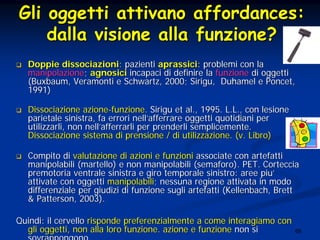 68
GliGli oggettioggetti attivanoattivano affordances:affordances:
dalla visione alla funzione?dalla visione alla funzione?
Doppie dissociazioniDoppie dissociazioni:: pazientipazienti aprassiciaprassici: problemi con la: problemi con la
manipolazionemanipolazione;; agnosiciagnosici incapaci di definire laincapaci di definire la funzionefunzione di oggettidi oggetti
(Buxbaum, Veramonti e Schwartz, 2000; Sirigu, Duhamel e Poncet,(Buxbaum, Veramonti e Schwartz, 2000; Sirigu, Duhamel e Poncet,
1991)1991)
DissociazioneDissociazione azioneazione--funzionefunzione.. SiriguSirigu et al., 1995. L.L., conet al., 1995. L.L., con lesionelesione
parietaleparietale sinistrasinistra,, fafa errorierrori nellnell’’afferrareafferrare oggettioggetti quotidianiquotidiani perper
utilizzarliutilizzarli, non, non nellnell’’afferrarliafferrarli perper prenderliprenderli semplicementesemplicemente..
DissociazioneDissociazione sistemasistema didi prensioneprensione // didi utilizzazioneutilizzazione. (v.. (v. LibroLibro))
Compito diCompito di valutazione di azioni e funzionivalutazione di azioni e funzioni associate con artefattiassociate con artefatti
manipolabili (martello) e non manipolabili (semaforo). PET.manipolabili (martello) e non manipolabili (semaforo). PET. CortecciaCorteccia
premotoriapremotoria ventraleventrale sinistrasinistra e giroe giro temporaletemporale sinistrosinistro:: areearee piupiu’’
attivate con oggettiattivate con oggetti manipolabilimanipolabili; nessuna regione attivata in modo; nessuna regione attivata in modo
differenziale perdifferenziale per giudizigiudizi didi funzionefunzione suglisugli artefattiartefatti ((KellenbachKellenbach, Brett, Brett
& Patterson& Patterson, 2003)., 2003).
Quindi:Quindi: ilil cervellocervello risponde preferenzialmente a come interagiamo conrisponde preferenzialmente a come interagiamo con
gli oggetti, non alla loro funzione.gli oggetti, non alla loro funzione. azioneazione e funzionee funzione non sinon si
sovrappongono.sovrappongono.
 