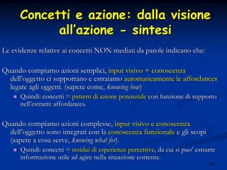69
Concetti e azione: dalla visioneConcetti e azione: dalla visione
allall’’azioneazione -- sintesisintesi
Le evidenze relative ai concetti NON mediati da parole indicanoLe evidenze relative ai concetti NON mediati da parole indicano che:che:
Quando compiamo azioni semplici,Quando compiamo azioni semplici, input visivo + conoscenzainput visivo + conoscenza
delldell’’oggetto ci supportano e estraiamooggetto ci supportano e estraiamo automaticamente le affordancesautomaticamente le affordances
legate agli oggetti. (sapere come,legate agli oggetti. (sapere come, knowing howknowing how))
Quindi: concetti =Quindi: concetti = pattern di azione potenzialepattern di azione potenziale con funzione di supportocon funzione di supporto
nellnell’’estrarre affordances.estrarre affordances.
Quando compiamo azioni complesse,Quando compiamo azioni complesse, input visivo e conoscenzainput visivo e conoscenza
delldell’’oggetto sono integrati con laoggetto sono integrati con la conoscenza funzionaleconoscenza funzionale e gli scopie gli scopi
(sapere a cosa serve,(sapere a cosa serve, knowing what forknowing what for).).
Quindi: concetti =Quindi: concetti = residui di esperienze percettiveresidui di esperienze percettive, da cui si puo, da cui si puo’’ estrarreestrarre
informazione utile ad agire nella situazione corrente.informazione utile ad agire nella situazione corrente.
 