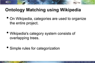 Ontology Matching using Wikipedia
• On Wikipedia, categories are used to organize
  the entire project.

• Wikipedia's category system consists of
  overlapping trees.

• Simple rules for categorization

                                                  37
 
