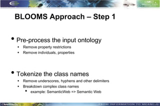 BLOOMS Approach – Step 1


• Pre-process the input ontology
     Remove property restrictions
     Remove individuals, properties




• Tokenize the class names
     Remove underscores, hyphens and other delimiters
     Breakdown complex class names
       •  example: SemanticWeb => Semantic Web


                                                         38
 