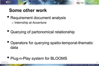 Some other work
       • Requirement document analysis
             o Internship at Accenture


       • Querying of partonomical relationship
       • Operators for querying spatio-temporal-thematic
            data

       • Plug-n-Play system for BLOOMS
7/29/2012                                                   55
                                                           55
 