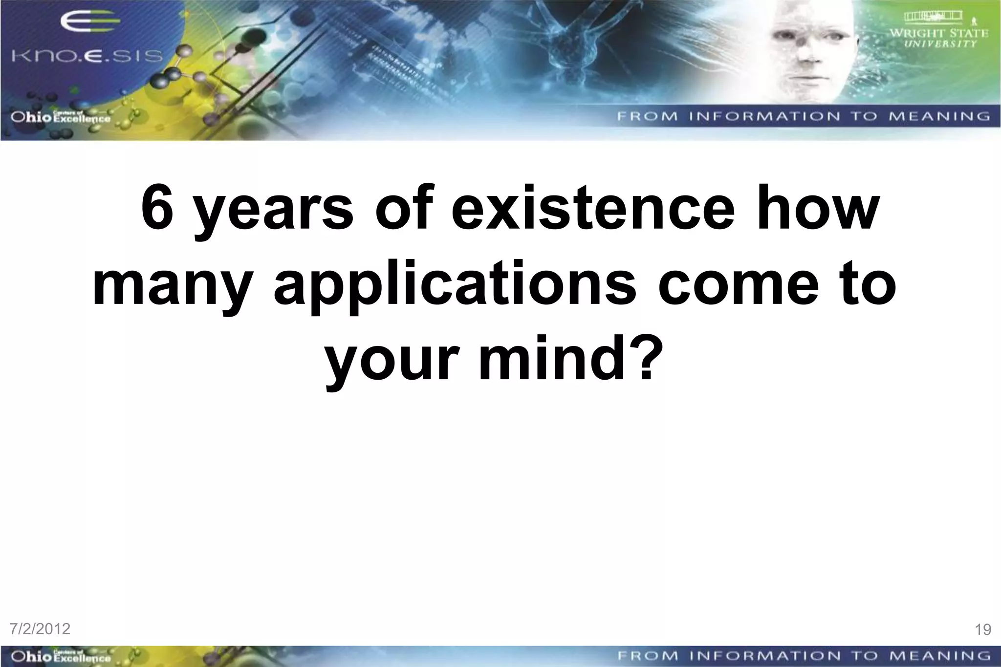 6 years of existence how
           many applications come to
                  your mind?



7/2/2012                               19
 