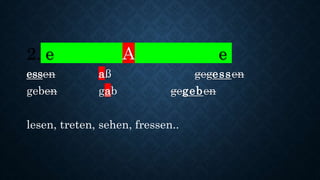 2. e A e
essen aß gegessen
geben gab gegeben
lesen, treten, sehen, fressen..
 