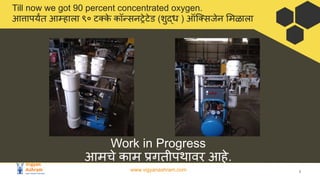 www.vigyanashram.com 9
Till now we got 90 percent concentrated oxygen.
आत्तापयर्यंत आम्हाला ९० ट क
े कॉन्सनट्रेटेड (शुद्ध ) ऑि सजेन मळाला
Work in Progress
आमचे काम प्रगतीपथावर आहे.
 