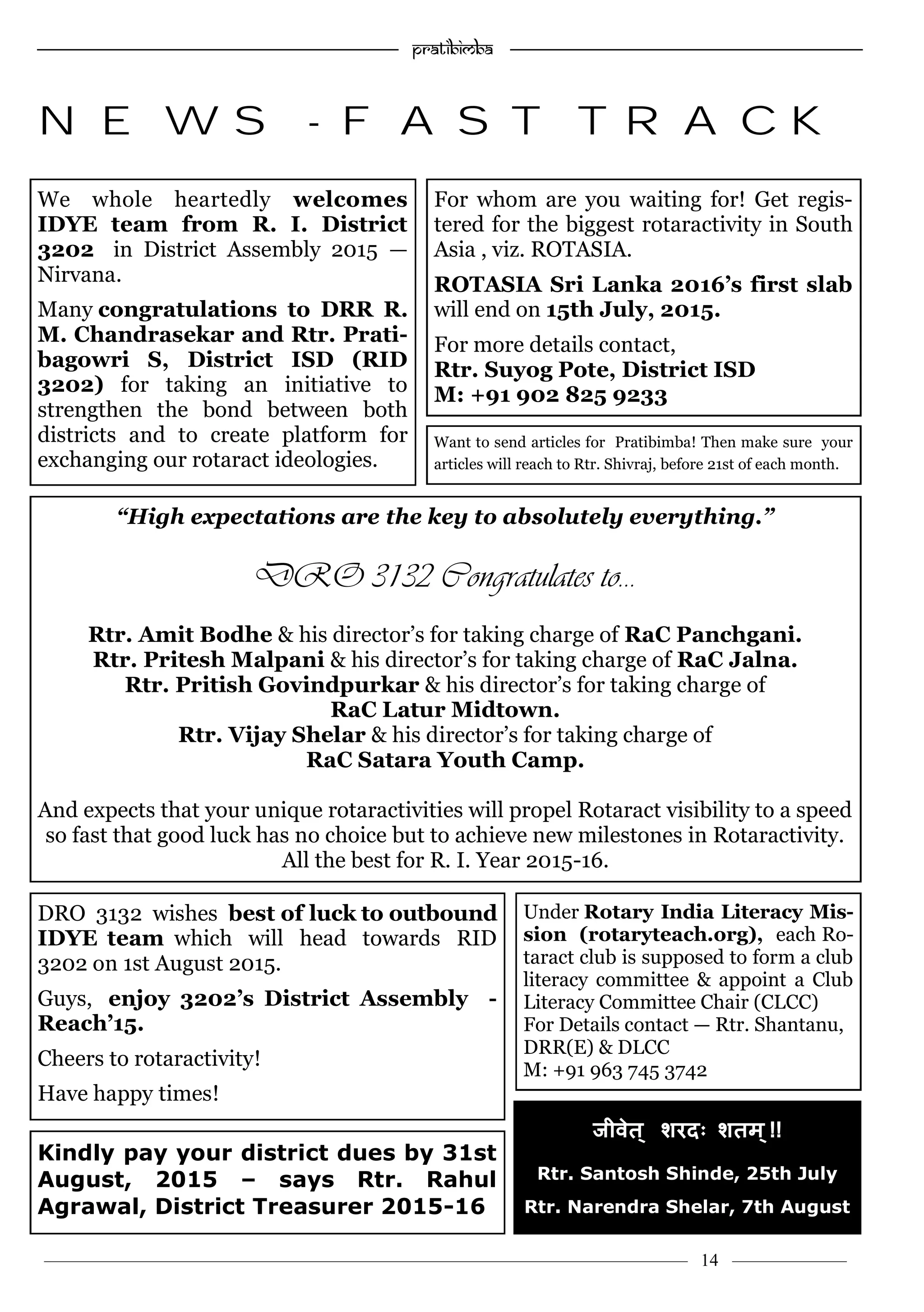 ———————————–————————————–————————–———— 14 ————–——
—————————————————–—————————————————————— Pratibimba —————–—–———————————————————————————————
जीवेत् शरदः शतम्!!
Rtr. Santosh Shinde, 25th July
Rtr. Narendra Shelar, 7th August
NEWS - FAST TRACK
We whole heartedly welcomes
IDYE team from R. I. District
3202 in District Assembly 2015 —
Nirvana.
Many congratulations to DRR R.
M. Chandrasekar and Rtr. Prati-
bagowri S, District ISD (RID
3202) for taking an initiative to
strengthen the bond between both
districts and to create platform for
exchanging our rotaract ideologies.
Kindly pay your district dues by 31st
August, 2015 – says Rtr. Rahul
Agrawal, District Treasurer 2015-16
For whom are you waiting for! Get regis-
tered for the biggest rotaractivity in South
Asia , viz. ROTASIA.
ROTASIA Sri Lanka 2016’s first slab
will end on 15th July, 2015.
For more details contact,
Rtr. Suyog Pote, District ISD
M: +91 902 825 9233
DRO 3132 wishes best of luck to outbound
IDYE team which will head towards RID
3202 on 1st August 2015.
Guys, enjoy 3202’s District Assembly -
Reach’15.
Cheers to rotaractivity!
Have happy times!
“High expectations are the key to absolutely everything.”
DRO 3132 Congratulates to…
Rtr. Amit Bodhe & his director’s for taking charge of RaC Panchgani.
Rtr. Pritesh Malpani & his director’s for taking charge of RaC Jalna.
Rtr. Pritish Govindpurkar & his director’s for taking charge of
RaC Latur Midtown.
Rtr. Vijay Shelar & his director’s for taking charge of
RaC Satara Youth Camp.
And expects that your unique rotaractivities will propel Rotaract visibility to a speed
so fast that good luck has no choice but to achieve new milestones in Rotaractivity.
All the best for R. I. Year 2015-16.
Under Rotary India Literacy Mis-
sion (rotaryteach.org), each Ro-
taract club is supposed to form a club
literacy committee & appoint a Club
Literacy Committee Chair (CLCC)
For Details contact — Rtr. Shantanu,
DRR(E) & DLCC
M: +91 963 745 3742
Want to send articles for Pratibimba! Then make sure your
articles will reach to Rtr. Shivraj, before 21st of each month.
 