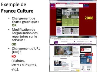 Exemple de France Culture<br />2008<br />Changement de charte graphique : OK<br />Modification de l’organisation des réper...