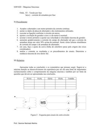 ESP1020 – Máquinas Síncronas
Onde, Ef – Tensão por fase
Ia(cc) – corrente de armadura por fase
II) Procedimento
1. Acoplar o alternador a um motor primário de corrente contínua.
2. anotar os dados de placa do alternador e dos instrumentos utilizados.
3. executar as ligações conforme o circuito em anexo.
4. ajustar a excitação do gerador a zero e a do motor à nominal.
5. acionar o motor primário e ajustar sua velocidade à velocidade síncrona do gerador.
6. aumentar gradativamente a corrente de campo do alternador até que a corrente da
armadura atinja um valor 30% acima da nominal. Anote várias leituras simultâneas
de corrente de campo e de armadura do alternador.
7. em casa, faça o ajuste da curva (linha do entreferro passe pela origem dos eixos
coordenados).
8. analise e comente os resultados e os procedimentos do ensaio. Determine a
reatância síncrona de eixo direto Xd.
III) Relatório
Apresentar todas as conclusões e os comentários que possam surgir. Sugere-se a
máxima atenção ao desenvolvimento da experiência por ser ela uma fonte de importantes
esclarecimentos sobre o comportamento da máquina síncrona e também por ser fonte de
questões que devem ser apresentadas nas conclusões.
If (A) I1(A) I2(A) I3(A) I média
A
MS A
A
A
+
_
Figura 2 – Esquema para ensaio de curto-circuito
Prof.: Geomar Machado Martins
 