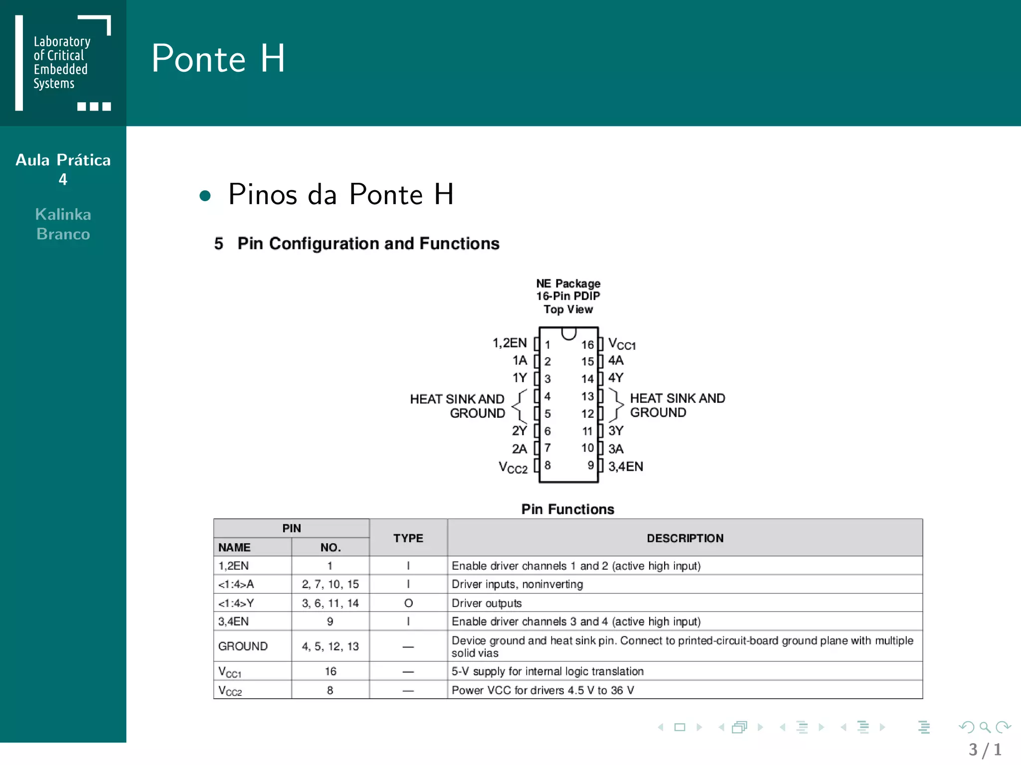 Aula Pr´atica
4
Kalinka
Branco
Ponte H
• Pinos da Ponte H
3 / 1