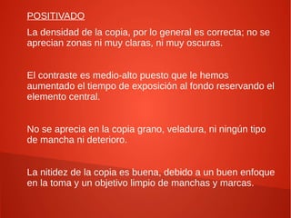 POSITIVADO
La densidad de la copia, por lo general es correcta; no se
aprecian zonas ni muy claras, ni muy oscuras.
El contraste es medio-alto puesto que le hemos
aumentado el tiempo de exposición al fondo reservando el
elemento central.
No se aprecia en la copia grano, veladura, ni ningún tipo
de mancha ni deterioro.
La nitidez de la copia es buena, debido a un buen enfoque
en la toma y un objetivo limpio de manchas y marcas.
 