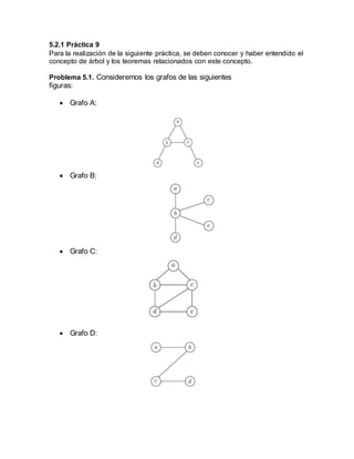 5.2.1 Práctica 9
Para la realización de la siguiente práctica, se deben conocer y haber entendido el
concepto de árbol y los teoremas relacionados con este concepto.
Problema 5.1. Consideremos los grafos de las siguientes
figuras:
 Grafo A:
 Grafo B:
 Grafo C:
 Grafo D:
 