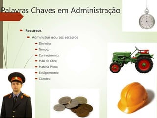Palavras Chaves em Administração
 Recursos
 Administrar recursos escassos:
 Dinheiro;
 Tempo;
 Conhecimento;
 Mão de Obra;
 Matéria Prima;
 Equipamentos;
 Clientes;
 