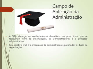 Campo de
Aplicação da
Administração
 A TGA abrange os conhecimentos descritivos ou prescritivos que se
relacionam com as organizações, os administradores e o processo
administrativo.
 Seu objetivo final é a preparação de administradores para todos os tipos de
organizações.
 