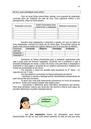 29
Se sim, quais estratégias você utiliza?
Com as duas fichas preenchidas, planeje uma proposta de adaptação
curricular para ser realizada em sala de aula. Para organizar melhor o seu
planejamento, utilize as fichas abaixo:
Adaptação curricular
Ações necessárias para
implementar a adaptação
Materiais necessários
• • •
• • •
• • •
• • •
• • •
Escolha duas adaptações e preencha o quadro, em que se refere às
duas adaptações. Lembra-se é pode ser de vários tipos. Procuramos colocar as
quatro mais comuns (estão em negrito). Marque com X ao que elas se referem:
Adaptação
realizada
Conteúdo Objetivo Estratégia Avaliação
Adaptação 1
Adaptação 2
Apresente as fichas preenchidas para o professor responsável pela
sala e peça para ele fornecer sugestões. Converse com o professor e veja a
proposta pedagógica da classe, o plano de ensino, pois para fazer a adaptação o
importante é você pegar a proposta de um objetivo educacional e adaptá-lo em
função da necessidade do seu aluno.
Por exemplo: o aluno em questão está estudando na 2ª. Série – ou
segundo ano do 1º ciclo.
Um dos objetivos curriculares na língua portuguesa da série é:
- identificar e nomear a tipologia textual, descrevendo características de
pelo menos três tipos de textos.
O aluno que você está observando encontra-se no início do processo
de leitura. Então você poderá adaptar este objetivo para:
- reconhecer e diferenciar texto informativo (jornalístico) dos demais.
Para essa atividade, mesmo que ainda ele não domine a leitura será capaz de
perceber diferenças na grafia e tipologia textual.
.... que tais adaptações devem ser planejadas para serem
desenvolvidas no dia em que você estiver presente na sala de aula que esse
Lembre-se
professor ...
 