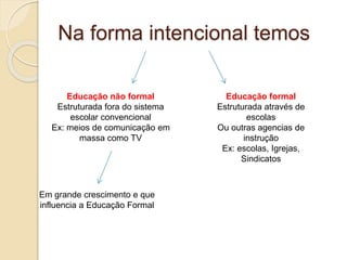 Na forma intencional temos
Educação não formal
Estruturada fora do sistema
escolar convencional
Ex: meios de comunicação em
massa como TV
Educação formal
Estruturada através de
escolas
Ou outras agencias de
instrução
Ex: escolas, Igrejas,
Sindicatos
Em grande crescimento e que
influencia a Educação Formal
 