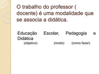 O trabalho do professor (
docente) é uma modalidade que
se associa a didática.
Educação Escolar, Pedagogia e
Didática
(objetivo) (modo) (como fazer)
 