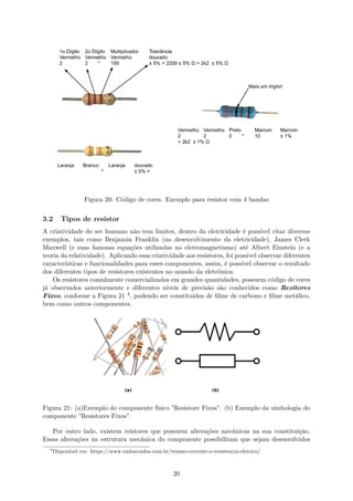 Figura 20: Código de cores. Exemplo para resistor com 4 bandas
3.2 Tipos de resistor
A criatividade do ser humano não tem limites, dentro da eletricidade é possível citar diversos
exemplos, tais como Benjamin Franklin (no desenvolvimento da eletricidade), James Clerk
Maxwell (e suas famosas equações utilizadas no eletromagnetismo) até Albert Einstein (e a
teoria da relatividade). Aplicando essa criatividade aos resistores, foi possível observar diferentes
características e funcionalidades para esses componentes, assim, é possível observar o resultado
dos diferentes tipos de resistores existentes no mundo da eletrônica:
Os resistores comulmente comercializados em grandes quantidades, possuem código de cores
já observados anteriormente e diferentes níveis de precisão são conhecidos como Resitores
Fixos, conforme a Figura 21 4, podendo ser constituídos de filme de carbono e filme metálico,
bem como outros componentes.
Figura 21: (a)Exemplo do componente físico "Resistore Fixos". (b) Exemplo da símbologia do
componente "Resistores Fixos".
Por outro lado, existem reistores que possuem alterações mecânicas na sua constituição.
Essas alterações na estrutura mecânica do componente possibilitam que sejam desenvolvidos
4
Disponível em: https://www.embarcados.com.br/tensao-corrente-e-resistencia-eletrica/
20
 
