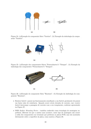 Figura 24: (a)Exemplo do componente físico "Varistor". (b) Exemplo da símbologia do compo-
nente "Varistor".
Figura 25: (a)Exemplo dos componentes físicos "Potenciômetro"e "Trimpot". (b) Exemplo da
símbologia dos componentes "Potenciômetro"e "Trimpot".
Figura 26: (a)Exemplo do componente físico "Reostato". (b) Exemplo da símbologia do com-
ponente "Reostato".
• Resistor fusível - possui um funcionamento semelhante a um fusível, geralmente ele possui
um baixo valor de resistência. Quando ocorre níveis elevados de corrente, esse resistor
fusível interrompe a passagem de corrente com o seu rompimento, conforme apresentado
na Figura 27;
• SMD Surface Mounting Device - também conhecido como tecnologia de montagem su-
perficial, diferente do que a muitos anos acontece, nesse tipo de montagem não ocorre
a solda dos componentes em terminais que perfuram as placas PCB, mas são montados
diretamente sobre a superfície da placa, como mostra a Figura 28;
22
 