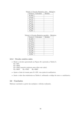 Tabela 2: Circuito Resistivo série – Medições
Variável Calculado Medido
RT [kΩ]
IT [mA]
VR1 [V]
VR2 [V]
VR3 [V]
PR1 [W]
PR2 [W]
PR3 [W]
PS[W]
Tabela 3: Circuito Resistivo paralelo – Medições
Variável Calculado Medido
RT [kΩ]
IT [mA]
IR1 [mA]
IR2 [mA]
IR3 [mA]
PR1 [W]
PR2 [W]
PR3 [W]
PS[W]
3.5.3 Circuito resistivo misto
• Monte o circuito apresentado na Figura 34 e preencha a Tabela 5;
R1=1kΩ
R2=10kΩ
R3=15kΩ (associar resistores para obter este valor)
R4=56kΩ R5=47kΩ R6=33kΩ
• Ajuste a fonte de tensão para E=12V, com ajuda do multímetro;
• Anote o valor das resistências na Tabela 4, utilizando o código de cores e o multímetro.
3.6 Conclusões
Elaborar conclusões a partir das medições e cálculos realizados.
28
 