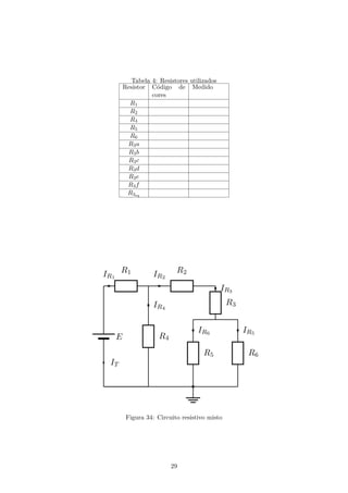 Tabela 4: Resistores utilizados
Resistor Código de
cores
Medido
R1
R2
R4
R5
R6
R3a
R3b
R3c
R3d
R3e
R3f
R3eq
Figura 34: Circuito resistivo misto
29
 