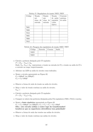 Tabela 17: Reguladores de tensão 78XY–79XY
Código Tensão
mí-
nima de
entrada
Tensão
má-
xima de
entrada
Tensão
de saída
regulada
(valor
típico)
Corrente
máxima
de saída
7805
7809
7812
7905
7909
7912
Tabela 18: Pinagem dos reguladores de tensão 78XY–79XY
Código Entrada Comum Saída
78XY
79XY
• Calcule a potência dissipada pelo CI regulador.
P = (Vin − Vout) ∗ IRL
Onde, Vin, Vout e IRL
representam a tensão na entrada do CI, a tensão na saída do CI e
a corrente na carga, respectivamente.
• Adicione um LED na saída do circuito como indicador;
• Monte o circuito apresentado na Figura 82.
C1=1000µF (ou 2200µF)
C2 = C3=100ηF
• Observe a forma de onda da tensão na saída do circuito.
• Meça o valor da tensão contínua na saída do circuito.
Vout =
• Calcule a potência dissipada pelo CI regulador.
P = (Vin − Vout) ∗ IRL
• Compare os valores das potências dissipadas pelos CIs reguladores (7805 e 7812) e conclua.
• Monte a fonte simétrica apresentada na Figura 83.
C1 = C4=1000µF (ou 2200µF); C2 = C3 = C5 = C6=100ηF
Obs.: este circuito utiliza o center tape do transformador!
Lembre-se que os capacitores eletrolíticos tem polaridade!
• Observe a forma de onda das tensões nas saídas do circuito.
• Meça o valor da tensão contínua nas saídas do circuito.
67
 