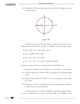 Divis˜oes de circunferˆencias
5.5 O segmento CG tem medida aproximada do lado do ene´agono inscrito
na circunferˆencia.
Figura 138
A medida exata para o lado do en´agono regular, inscrito em uma cir-
cunferˆencia de raio R ´e de 2R.sen(180o
9
) ∼= 0, 68404R. Pela constru¸c˜ao, temos:
• BF = BE = GF = 2R.cos30o
= R.
√
3
• OF = (BF)2 − R2 = R
√
2
• CF = CO + OF = R + R
√
2
• CG = CF − GF = R + R
√
2 − R
√
3 ∼= 0, 68216R
Gerando um erro por falta de aproximadamente 0,00188 de raio.
Problema 6: Dividir uma circunferˆencia em 11, 22, 44,... partes iguais.
6.1 Trace dois diˆametros: primeiro AB e, em seguida, CD perpendiculares
`a AB;
6.2 Unindo o ponto m´edio M de OD `a A e vocˆe encontrar´a o ponto m´edio
N de AM;
6.3 O segmento AN tem a medida aproximada do lado pol´ıgono regular de
11 lados, inscrito na circunferˆencia.
A medida exata para o lado do pol´ıgono de 11 lados regular, inscrito
em uma circunferˆencia de raio R, ´e de 2R.sen(180o
11
) ∼= 0, 563465R. Pela
CEDERJ 110
 