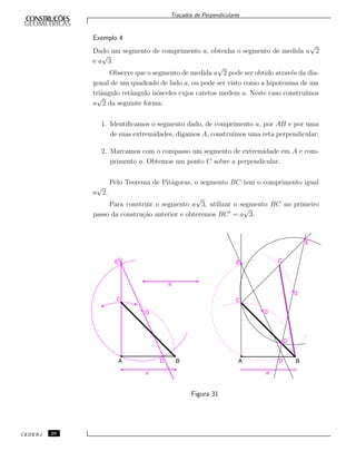 Tra¸cados de Perpendiculares
Exemplo 4
Dado um segmento de comprimento a, obtenha o segmento de medida a
√
2
e a
√
3.
Observe que o segmento de medida a
√
2 pode ser obtido atrav´es da dia-
gonal de um quadrado de lado a, ou pode ser visto como a hipotenusa de um
triˆangulo retˆangulo is´osceles cujos catetos medem a. Neste caso constru´ımos
a
√
2 da seguinte forma:
1. Identiﬁcamos o segmento dado, de comprimento a, por AB e por uma
de suas extremidades, digamos A, constru´ımos uma reta perpendicular;
2. Marcamos com o compasso um segmento de extremidade em A e com-
primento a. Obtemos um ponto C sobre a perpendicular.
Pelo Teorema de Pit´agoras, o segmento BC tem o comprimento igual
a
√
2.
Para construir o segmento a
√
3, utilizar o segmento BC no primeiro
passo da constru¸c˜ao anterior e obteremos BC = a
√
3.
Figura 31
CEDERJ 28
 