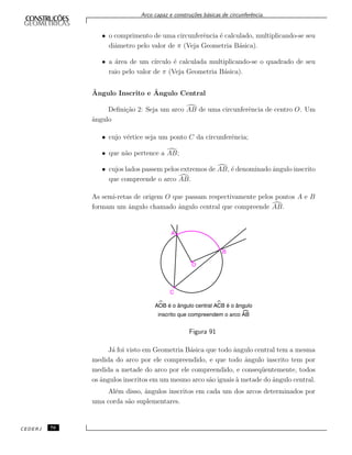 Arco capaz e constru¸c˜oes b´asicas de circunferˆencia.
• o comprimento de uma circunferˆencia ´e calculado, multiplicando-se seu
diˆametro pelo valor de π (Veja Geometria B´asica).
• a ´area de um c´ırculo ´e calculada multiplicando-se o quadrado de seu
raio pelo valor de π (Veja Geometria B´asica).
ˆAngulo Inscrito e ˆAngulo Central
Deﬁni¸c˜ao 2: Seja um arco AB de uma circunferˆencia de centro O. Um
ˆangulo
• cujo v´ertice seja um ponto C da circunferˆencia;
• que n˜ao pertence a AB;
• cujos lados passem pelos extremos de AB, ´e denominado ˆangulo inscrito
que compreende o arco AB.
As semi-retas de origem O que passam respectivamente pelos pontos A e B
formam um ˆangulo chamado ˆangulo central que compreende AB.
Figura 91
J´a foi visto em Geometria B´asica que todo ˆangulo central tem a mesma
medida do arco por ele compreendido, e que todo ˆangulo inscrito tem por
medida a metade do arco por ele compreendido, e conseq¨uentemente, todos
os ˆangulos inscritos em um mesmo arco s˜ao iguais `a metade do ˆangulo central.
Al´em disso, ˆangulos inscritos em cada um dos arcos determinados por
uma corda s˜ao suplementares.
CEDERJ 76
 