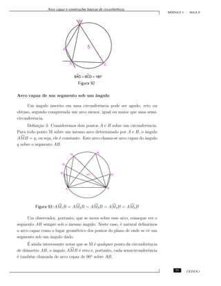 Arco capaz e constru¸c˜oes b´asicas de circunferˆencia.
M ´ODULO 1 - AULA 6
Figura 92
Arco capaz de um segmento sob um ˆangulo
Um ˆangulo inscrito em uma circunferˆencia pode ser agudo, reto ou
obtuso, segundo compreenda um arco menor, igual ou maior que uma semi-
circunferˆencia.
Deﬁni¸c˜ao 3: Consideremos dois pontos A e B sobre um circunferˆencia.
Para todo ponto M sobre um mesmo arco determinado por A e B, o ˆangulo
AMB = q, ou seja, ele ´e constante. Este arco chama-se arco capaz do ˆangulo
q sobre o segmento AB.
Figura 93 :AM1B = AM2B = AM3B = AM4B = AM5B
Um observador, portanto, que se mova sobre esse arco, consegue ver o
segmento AB sempre sob o mesmo ˆangulo. Neste caso, ´e natural deﬁnirmos
o arco capaz como o lugar geom´etrico dos pontos do plano de onde se vˆe um
segmento sob um ˆangulo dado.
´E ainda interessante notar que se M ´e qualquer ponto da circunferˆencia
de diˆametro AB, o ˆangulo AMB ´e reto e, portanto, cada semicircunferˆencia
´e tamb´em chamada de arco capaz de 90o
sobre AB.
77 CEDERJ
 