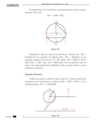 Retiﬁca¸c˜ao de circunferˆencias e de arcos.
O comprimento da circunferˆencia ´e aproximadamente igual ao compri-
mento de MN, onde:
MN = 2(AB + DE).
Figura 115
Justiﬁcativa: Seja R o raio da circunferˆencia. Observe que: AB =
R
√
2(lado de um quadrado de diagonal 2R) e DE = R
√
3(lado de um
triˆangulo eq¨uil´atero de altura R + R
2
= 3R
2
). Ent˜ao, MN = 2R(
√
2 +
√
3) ∼=
2R(1, 4142 + 1, 732). Logo, MN ∼= 2R(3, 1462). O erro cometido ´e por ex-
cesso e vale aproximadamente 0, 0046(2R), sendo, portanto, inferior a cinco
mil´esimos do diˆametro.
Segundo Processo:
Consiste em adotar o n´umero 22
7
para o valor de π. Toma-se ent˜ao para
comprimento da circunferˆencia o segmento MN = 2R22
7
= 2R(3 + 1
7
) ou,
equivalentemente, MN = 3, 14285(2R)
Figura 116
CEDERJ 92
 