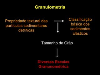Granulometria Propriedade textural das partículas sedimentares detríticas Classificação básica dos sedimentos clásticos Tamanho de Grão Diversas Escalas Granunométrica 