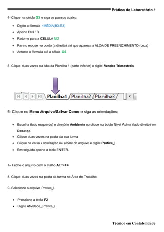 Prática de Laboratório 1

4- Clique na célula G3 e siga os passos abaixo:

   •   Digite a fórmula =MÉDIA(B3:E3)
   •   Aperte ENTER

   •   Retorne para a CÉLULA G3
   •   Pare o mouse no ponto (a direita) até que apareça a ALÇA DE PREENCHIMENTO (cruz)
   •   Arraste a fórmula até a célula G5



5- Clique duas vezes na Aba da Planilha 1 (parte inferior) e digite Vendas Trimestrais




6- Clique no Menu Arquivo/Salvar Como e siga as orientações:


   •   Escolha (lado esquerdo) o diretório Ambiente ou clique no botão Nível Acima (lado direito) em
       Desktop
   •   Clique duas vezes na pasta da sua turma
   •   Clique na caixa Localização ou Nome do arquivo e digite Pratica_I
   •   Em seguida aperte a tecla ENTER.



7– Feche o arquivo com o atalho ALT+F4


8- Clique duas vezes na pasta da turma na Área de Trabalho


9- Selecione o arquivo Pratica_I


   •   Pressione a tecla F2
   •   Digite Atividade_Pratica_I




                                                                       Técnico em Contabilidade
 