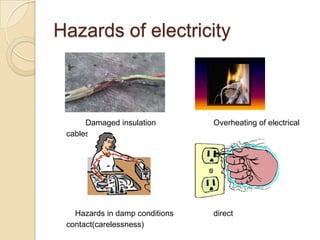 Hazards of electricity
Damaged insulation Overheating of electrical
cables
Hazards in damp conditions direct
contact(carelessness)
 