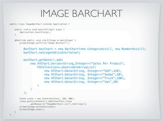 IMAGE BARCHART
You can customize the look of JavaFX charts with CSS
such as styling the bars of a BarChart with images.
 