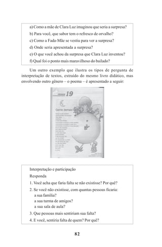 82
a) Como a mãe de Clara Luz imaginou que seria a surpresa?
b) Para você, que sabor tem o refresco de orvalho?
c) Como a Fada-Mãe se vestiu para ver a surpresa?
d) Onde seria apresentada a surpresa?
e) O que você achou da surpresa que Clara Luz inventou?
f) Qual foi o ponto mais maravilhoso do bailado?
Um outro exemplo que ilustra os tipos de pergunta de
interpretação de textos, extraído do mesmo livro didático, mas
envolvendo outro gênero – o poema – é apresentado a seguir:
Interpretação e participação
Responda
1. Você acha que faria falta se não existisse? Por quê?
2. Se você não existisse, com quantas pessoas ficaria:
a sua família?
a sua turma de amigos?
a sua sala de aula?
3. Que pessoas mais sentiriam sua falta?
4. E você, sentiria falta de quem? Por quê?
Praticas_Leitura.pmd 23/6/2009, 15:0382
 