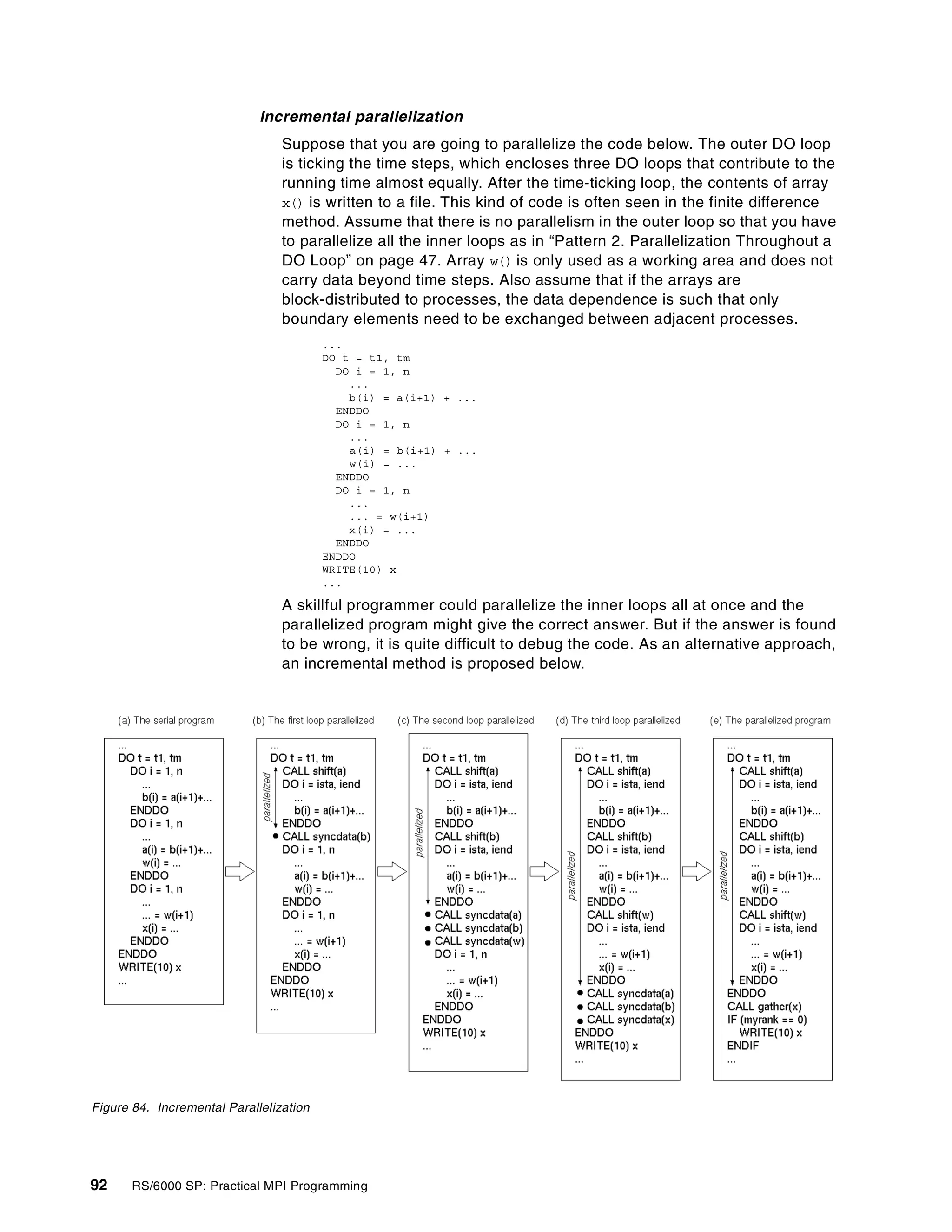 92 RS/6000 SP: Practical MPI Programming
Incremental parallelization
Suppose that you are going to parallelize the code below. The outer DO loop
is ticking the time steps, which encloses three DO loops that contribute to the
running time almost equally. After the time-ticking loop, the contents of array
x() is written to a file. This kind of code is often seen in the finite difference
method. Assume that there is no parallelism in the outer loop so that you have
to parallelize all the inner loops as in “Pattern 2. Parallelization Throughout a
DO Loop” on page 47. Array w() is only used as a working area and does not
carry data beyond time steps. Also assume that if the arrays are
block-distributed to processes, the data dependence is such that only
boundary elements need to be exchanged between adjacent processes.
...
DO t = t1, tm
DO i = 1, n
...
b(i) = a(i+1) + ...
ENDDO
DO i = 1, n
...
a(i) = b(i+1) + ...
w(i) = ...
ENDDO
DO i = 1, n
...
... = w(i+1)
x(i) = ...
ENDDO
ENDDO
WRITE(10) x
...
A skillful programmer could parallelize the inner loops all at once and the
parallelized program might give the correct answer. But if the answer is found
to be wrong, it is quite difficult to debug the code. As an alternative approach,
an incremental method is proposed below.
Figure 84. Incremental Parallelization
 