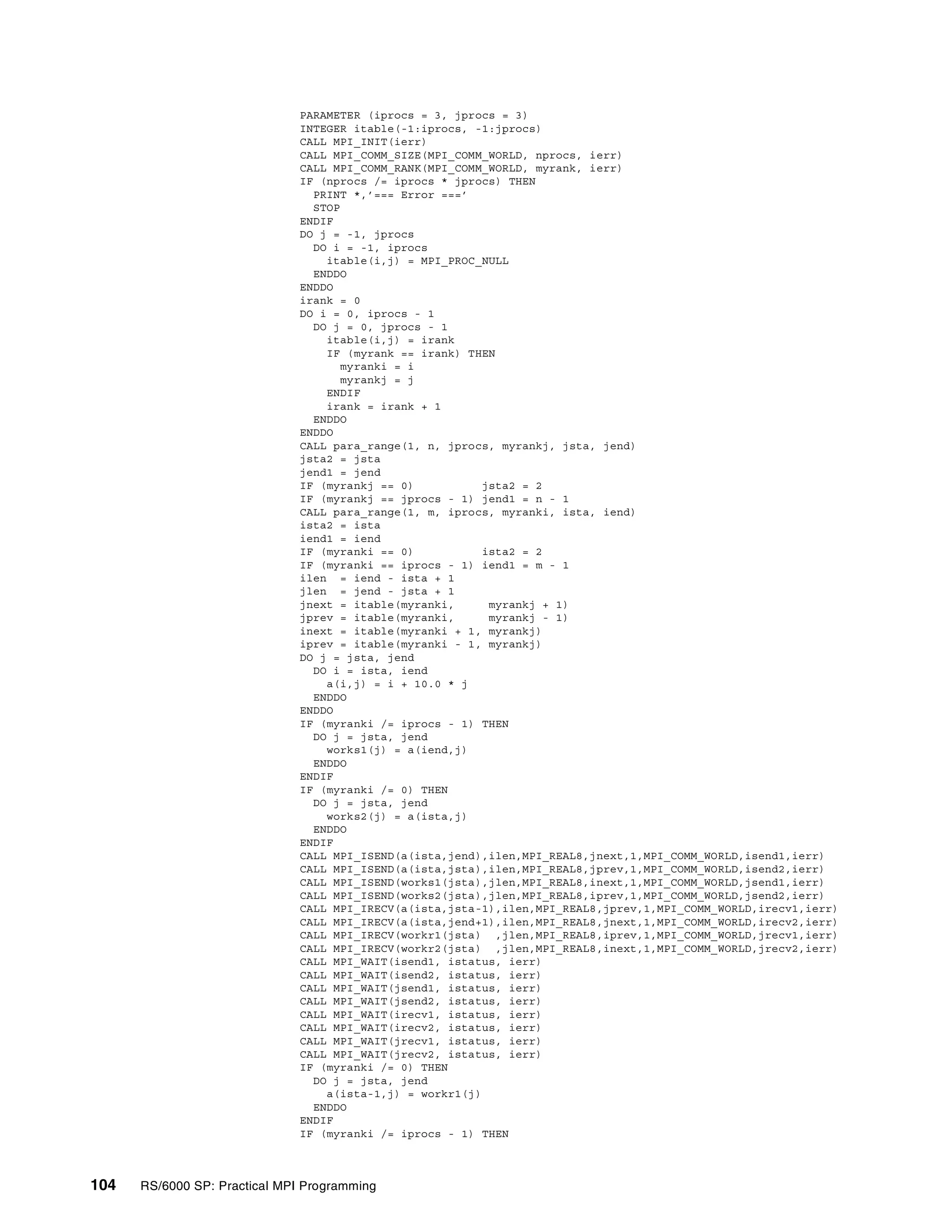 104 RS/6000 SP: Practical MPI Programming
PARAMETER (iprocs = 3, jprocs = 3)
INTEGER itable(-1:iprocs, -1:jprocs)
CALL MPI_INIT(ierr)
CALL MPI_COMM_SIZE(MPI_COMM_WORLD, nprocs, ierr)
CALL MPI_COMM_RANK(MPI_COMM_WORLD, myrank, ierr)
IF (nprocs /= iprocs * jprocs) THEN
PRINT *,’=== Error ===’
STOP
ENDIF
DO j = -1, jprocs
DO i = -1, iprocs
itable(i,j) = MPI_PROC_NULL
ENDDO
ENDDO
irank = 0
DO i = 0, iprocs - 1
DO j = 0, jprocs - 1
itable(i,j) = irank
IF (myrank == irank) THEN
myranki = i
myrankj = j
ENDIF
irank = irank + 1
ENDDO
ENDDO
CALL para_range(1, n, jprocs, myrankj, jsta, jend)
jsta2 = jsta
jend1 = jend
IF (myrankj == 0) jsta2 = 2
IF (myrankj == jprocs - 1) jend1 = n - 1
CALL para_range(1, m, iprocs, myranki, ista, iend)
ista2 = ista
iend1 = iend
IF (myranki == 0) ista2 = 2
IF (myranki == iprocs - 1) iend1 = m - 1
ilen = iend - ista + 1
jlen = jend - jsta + 1
jnext = itable(myranki, myrankj + 1)
jprev = itable(myranki, myrankj - 1)
inext = itable(myranki + 1, myrankj)
iprev = itable(myranki - 1, myrankj)
DO j = jsta, jend
DO i = ista, iend
a(i,j) = i + 10.0 * j
ENDDO
ENDDO
IF (myranki /= iprocs - 1) THEN
DO j = jsta, jend
works1(j) = a(iend,j)
ENDDO
ENDIF
IF (myranki /= 0) THEN
DO j = jsta, jend
works2(j) = a(ista,j)
ENDDO
ENDIF
CALL MPI_ISEND(a(ista,jend),ilen,MPI_REAL8,jnext,1,MPI_COMM_WORLD,isend1,ierr)
CALL MPI_ISEND(a(ista,jsta),ilen,MPI_REAL8,jprev,1,MPI_COMM_WORLD,isend2,ierr)
CALL MPI_ISEND(works1(jsta),jlen,MPI_REAL8,inext,1,MPI_COMM_WORLD,jsend1,ierr)
CALL MPI_ISEND(works2(jsta),jlen,MPI_REAL8,iprev,1,MPI_COMM_WORLD,jsend2,ierr)
CALL MPI_IRECV(a(ista,jsta-1),ilen,MPI_REAL8,jprev,1,MPI_COMM_WORLD,irecv1,ierr)
CALL MPI_IRECV(a(ista,jend+1),ilen,MPI_REAL8,jnext,1,MPI_COMM_WORLD,irecv2,ierr)
CALL MPI_IRECV(workr1(jsta) ,jlen,MPI_REAL8,iprev,1,MPI_COMM_WORLD,jrecv1,ierr)
CALL MPI_IRECV(workr2(jsta) ,jlen,MPI_REAL8,inext,1,MPI_COMM_WORLD,jrecv2,ierr)
CALL MPI_WAIT(isend1, istatus, ierr)
CALL MPI_WAIT(isend2, istatus, ierr)
CALL MPI_WAIT(jsend1, istatus, ierr)
CALL MPI_WAIT(jsend2, istatus, ierr)
CALL MPI_WAIT(irecv1, istatus, ierr)
CALL MPI_WAIT(irecv2, istatus, ierr)
CALL MPI_WAIT(jrecv1, istatus, ierr)
CALL MPI_WAIT(jrecv2, istatus, ierr)
IF (myranki /= 0) THEN
DO j = jsta, jend
a(ista-1,j) = workr1(j)
ENDDO
ENDIF
IF (myranki /= iprocs - 1) THEN
 