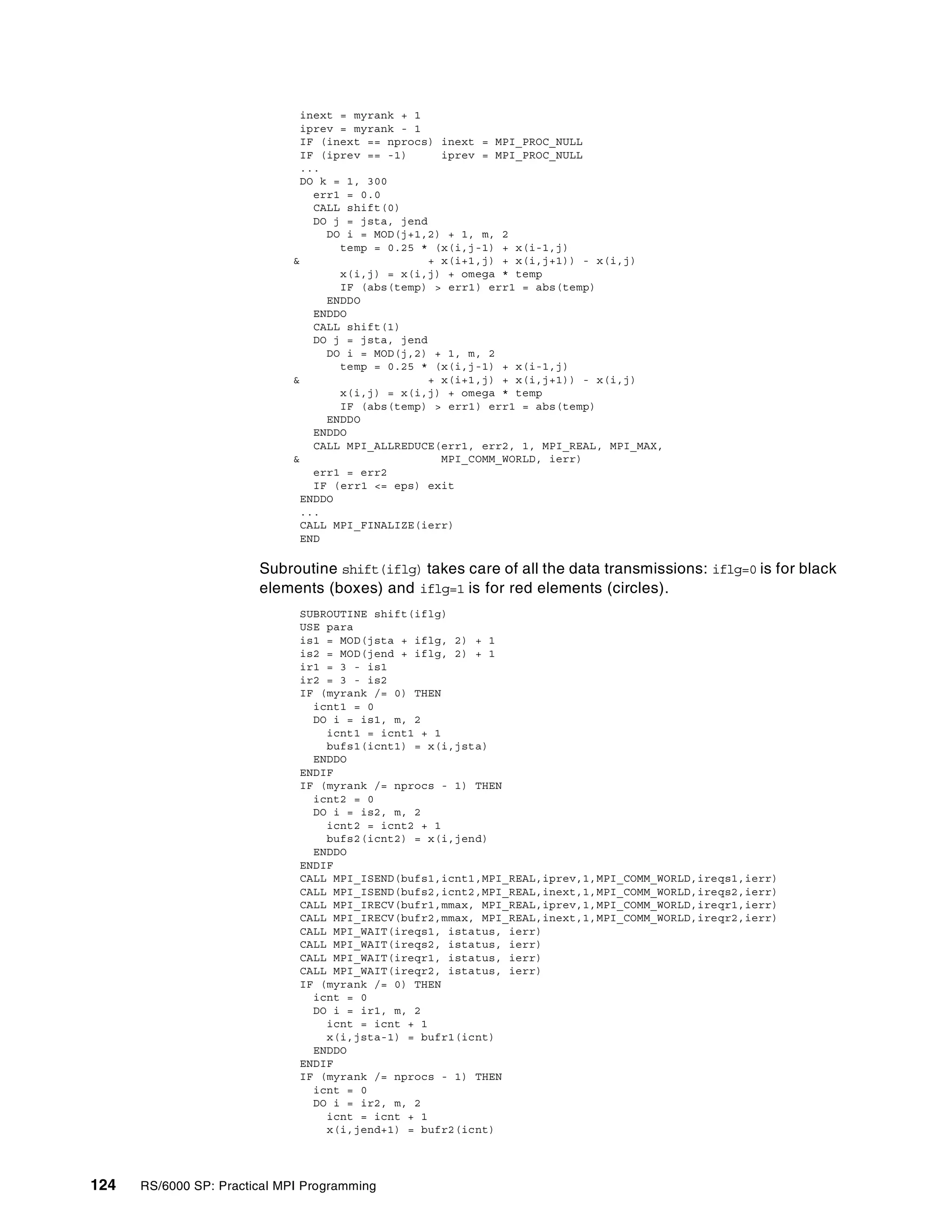 124 RS/6000 SP: Practical MPI Programming
inext = myrank + 1
iprev = myrank - 1
IF (inext == nprocs) inext = MPI_PROC_NULL
IF (iprev == -1) iprev = MPI_PROC_NULL
...
DO k = 1, 300
err1 = 0.0
CALL shift(0)
DO j = jsta, jend
DO i = MOD(j+1,2) + 1, m, 2
temp = 0.25 * (x(i,j-1) + x(i-1,j)
& + x(i+1,j) + x(i,j+1)) - x(i,j)
x(i,j) = x(i,j) + omega * temp
IF (abs(temp) > err1) err1 = abs(temp)
ENDDO
ENDDO
CALL shift(1)
DO j = jsta, jend
DO i = MOD(j,2) + 1, m, 2
temp = 0.25 * (x(i,j-1) + x(i-1,j)
& + x(i+1,j) + x(i,j+1)) - x(i,j)
x(i,j) = x(i,j) + omega * temp
IF (abs(temp) > err1) err1 = abs(temp)
ENDDO
ENDDO
CALL MPI_ALLREDUCE(err1, err2, 1, MPI_REAL, MPI_MAX,
& MPI_COMM_WORLD, ierr)
err1 = err2
IF (err1 <= eps) exit
ENDDO
...
CALL MPI_FINALIZE(ierr)
END
Subroutine shift(iflg) takes care of all the data transmissions: iflg=0 is for black
elements (boxes) and iflg=1 is for red elements (circles).
SUBROUTINE shift(iflg)
USE para
is1 = MOD(jsta + iflg, 2) + 1
is2 = MOD(jend + iflg, 2) + 1
ir1 = 3 - is1
ir2 = 3 - is2
IF (myrank /= 0) THEN
icnt1 = 0
DO i = is1, m, 2
icnt1 = icnt1 + 1
bufs1(icnt1) = x(i,jsta)
ENDDO
ENDIF
IF (myrank /= nprocs - 1) THEN
icnt2 = 0
DO i = is2, m, 2
icnt2 = icnt2 + 1
bufs2(icnt2) = x(i,jend)
ENDDO
ENDIF
CALL MPI_ISEND(bufs1,icnt1,MPI_REAL,iprev,1,MPI_COMM_WORLD,ireqs1,ierr)
CALL MPI_ISEND(bufs2,icnt2,MPI_REAL,inext,1,MPI_COMM_WORLD,ireqs2,ierr)
CALL MPI_IRECV(bufr1,mmax, MPI_REAL,iprev,1,MPI_COMM_WORLD,ireqr1,ierr)
CALL MPI_IRECV(bufr2,mmax, MPI_REAL,inext,1,MPI_COMM_WORLD,ireqr2,ierr)
CALL MPI_WAIT(ireqs1, istatus, ierr)
CALL MPI_WAIT(ireqs2, istatus, ierr)
CALL MPI_WAIT(ireqr1, istatus, ierr)
CALL MPI_WAIT(ireqr2, istatus, ierr)
IF (myrank /= 0) THEN
icnt = 0
DO i = ir1, m, 2
icnt = icnt + 1
x(i,jsta-1) = bufr1(icnt)
ENDDO
ENDIF
IF (myrank /= nprocs - 1) THEN
icnt = 0
DO i = ir2, m, 2
icnt = icnt + 1
x(i,jend+1) = bufr2(icnt)
 
