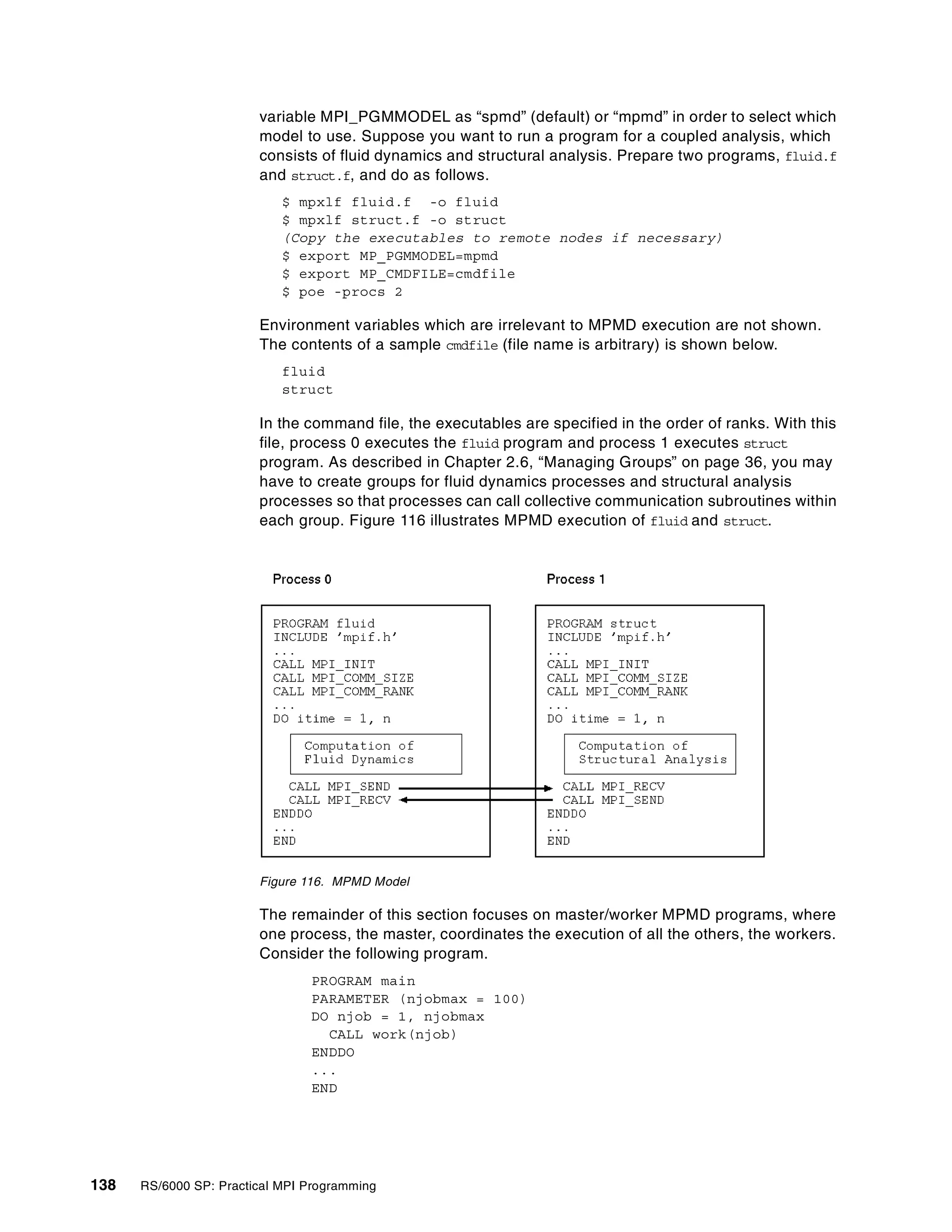 138 RS/6000 SP: Practical MPI Programming
variable MPI_PGMMODEL as “spmd” (default) or “mpmd” in order to select which
model to use. Suppose you want to run a program for a coupled analysis, which
consists of fluid dynamics and structural analysis. Prepare two programs, fluid.f
and struct.f, and do as follows.
$ mpxlf fluid.f -o fluid
$ mpxlf struct.f -o struct
(Copy the executables to remote nodes if necessary)
$ export MP_PGMMODEL=mpmd
$ export MP_CMDFILE=cmdfile
$ poe -procs 2
Environment variables which are irrelevant to MPMD execution are not shown.
The contents of a sample cmdfile (file name is arbitrary) is shown below.
fluid
struct
In the command file, the executables are specified in the order of ranks. With this
file, process 0 executes the fluid program and process 1 executes struct
program. As described in Chapter 2.6, “Managing Groups” on page 36, you may
have to create groups for fluid dynamics processes and structural analysis
processes so that processes can call collective communication subroutines within
each group. Figure 116 illustrates MPMD execution of fluid and struct.
Figure 116. MPMD Model
The remainder of this section focuses on master/worker MPMD programs, where
one process, the master, coordinates the execution of all the others, the workers.
Consider the following program.
PROGRAM main
PARAMETER (njobmax = 100)
DO njob = 1, njobmax
CALL work(njob)
ENDDO
...
END
 
