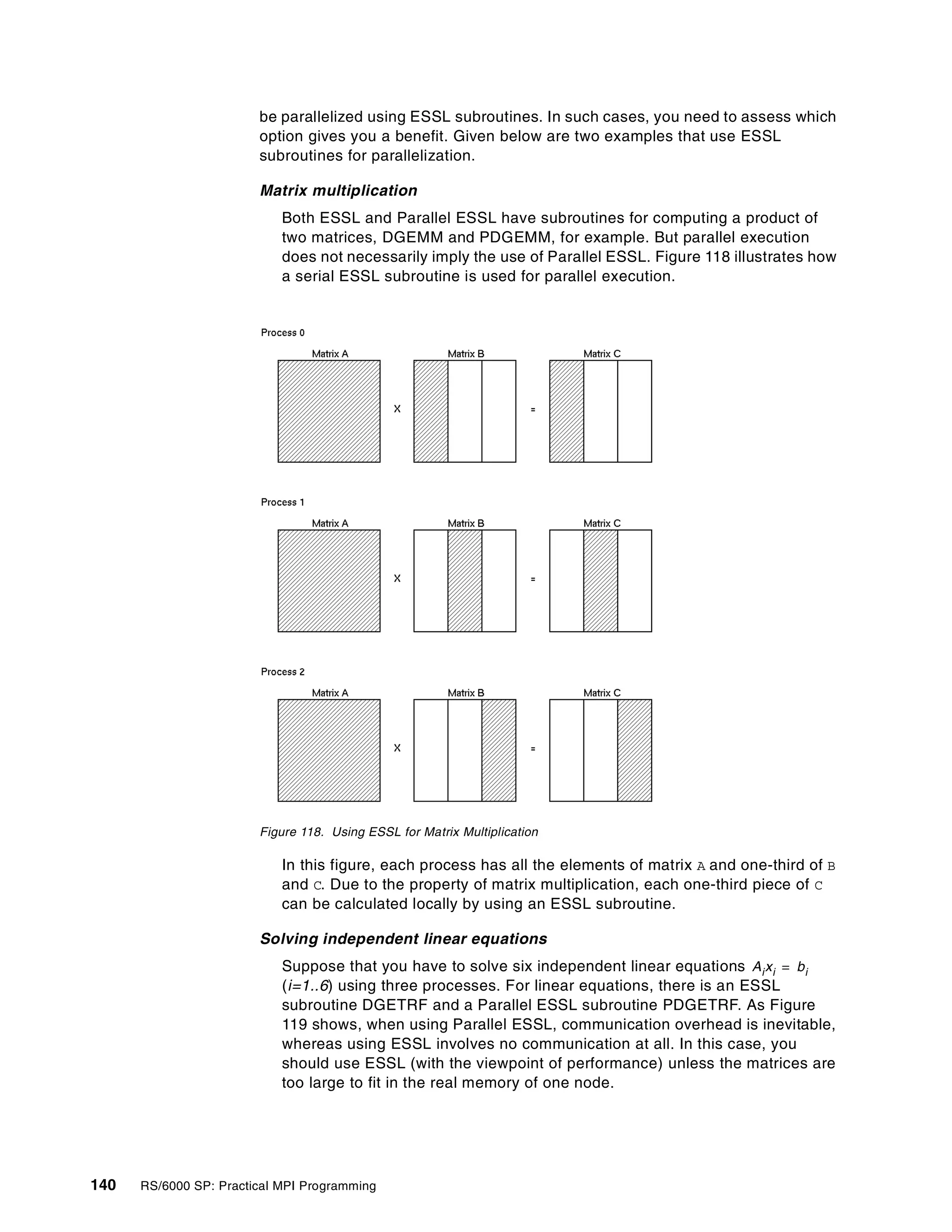 140 RS/6000 SP: Practical MPI Programming
be parallelized using ESSL subroutines. In such cases, you need to assess which
option gives you a benefit. Given below are two examples that use ESSL
subroutines for parallelization.
Matrix multiplication
Both ESSL and Parallel ESSL have subroutines for computing a product of
two matrices, DGEMM and PDGEMM, for example. But parallel execution
does not necessarily imply the use of Parallel ESSL. Figure 118 illustrates how
a serial ESSL subroutine is used for parallel execution.
Figure 118. Using ESSL for Matrix Multiplication
In this figure, each process has all the elements of matrix A and one-third of B
and C. Due to the property of matrix multiplication, each one-third piece of C
can be calculated locally by using an ESSL subroutine.
Solving independent linear equations
Suppose that you have to solve six independent linear equations
(i=1..6) using three processes. For linear equations, there is an ESSL
subroutine DGETRF and a Parallel ESSL subroutine PDGETRF. As Figure
119 shows, when using Parallel ESSL, communication overhead is inevitable,
whereas using ESSL involves no communication at all. In this case, you
should use ESSL (with the viewpoint of performance) unless the matrices are
too large to fit in the real memory of one node.
Aixi bi=
 