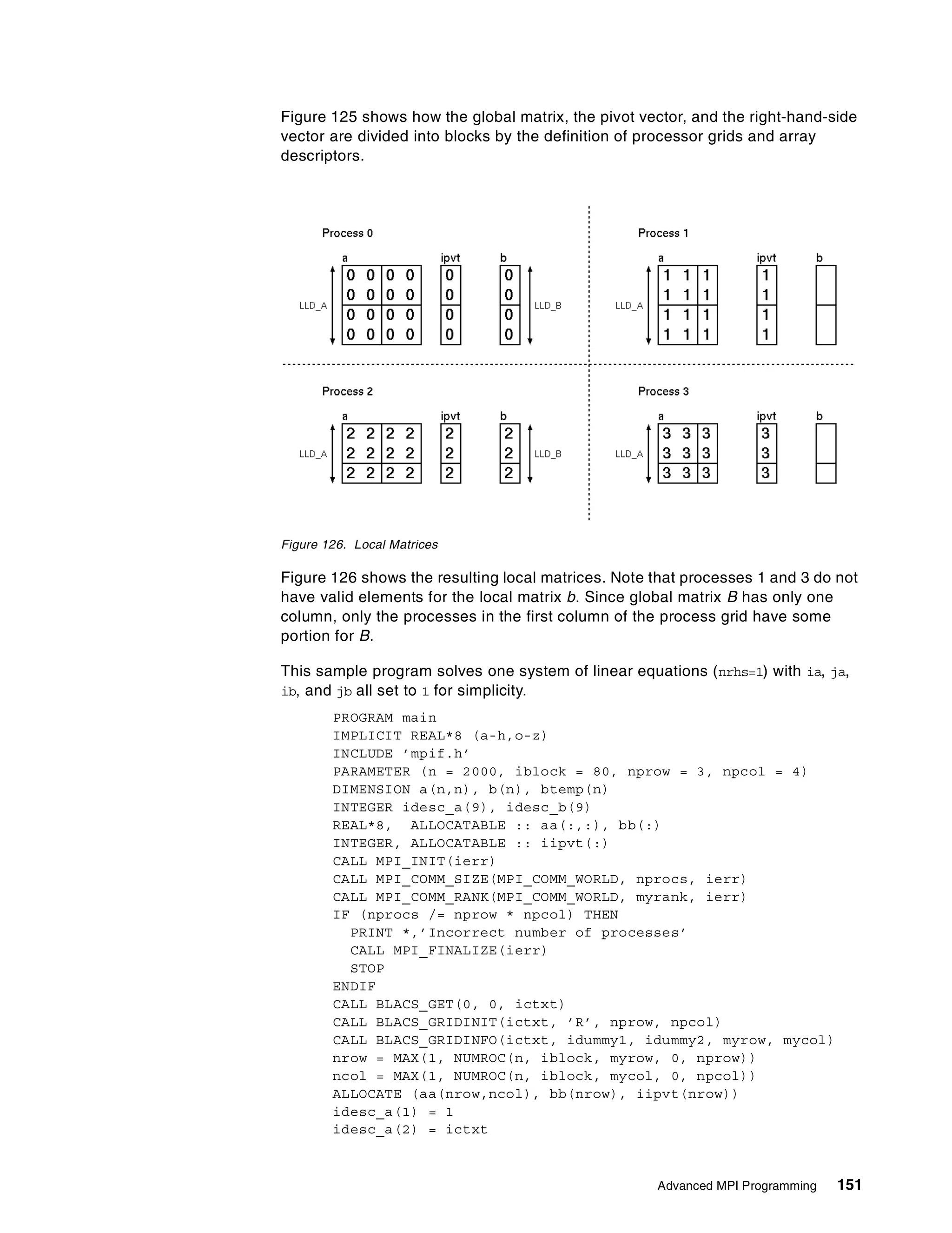 Advanced MPI Programming 151
Figure 125 shows how the global matrix, the pivot vector, and the right-hand-side
vector are divided into blocks by the definition of processor grids and array
descriptors.
Figure 126. Local Matrices
Figure 126 shows the resulting local matrices. Note that processes 1 and 3 do not
have valid elements for the local matrix b. Since global matrix B has only one
column, only the processes in the first column of the process grid have some
portion for B.
This sample program solves one system of linear equations (nrhs=1) with ia, ja,
ib, and jb all set to 1 for simplicity.
PROGRAM main
IMPLICIT REAL*8 (a-h,o-z)
INCLUDE ’mpif.h’
PARAMETER (n = 2000, iblock = 80, nprow = 3, npcol = 4)
DIMENSION a(n,n), b(n), btemp(n)
INTEGER idesc_a(9), idesc_b(9)
REAL*8, ALLOCATABLE :: aa(:,:), bb(:)
INTEGER, ALLOCATABLE :: iipvt(:)
CALL MPI_INIT(ierr)
CALL MPI_COMM_SIZE(MPI_COMM_WORLD, nprocs, ierr)
CALL MPI_COMM_RANK(MPI_COMM_WORLD, myrank, ierr)
IF (nprocs /= nprow * npcol) THEN
PRINT *,’Incorrect number of processes’
CALL MPI_FINALIZE(ierr)
STOP
ENDIF
CALL BLACS_GET(0, 0, ictxt)
CALL BLACS_GRIDINIT(ictxt, ’R’, nprow, npcol)
CALL BLACS_GRIDINFO(ictxt, idummy1, idummy2, myrow, mycol)
nrow = MAX(1, NUMROC(n, iblock, myrow, 0, nprow))
ncol = MAX(1, NUMROC(n, iblock, mycol, 0, npcol))
ALLOCATE (aa(nrow,ncol), bb(nrow), iipvt(nrow))
idesc_a(1) = 1
idesc_a(2) = ictxt
 