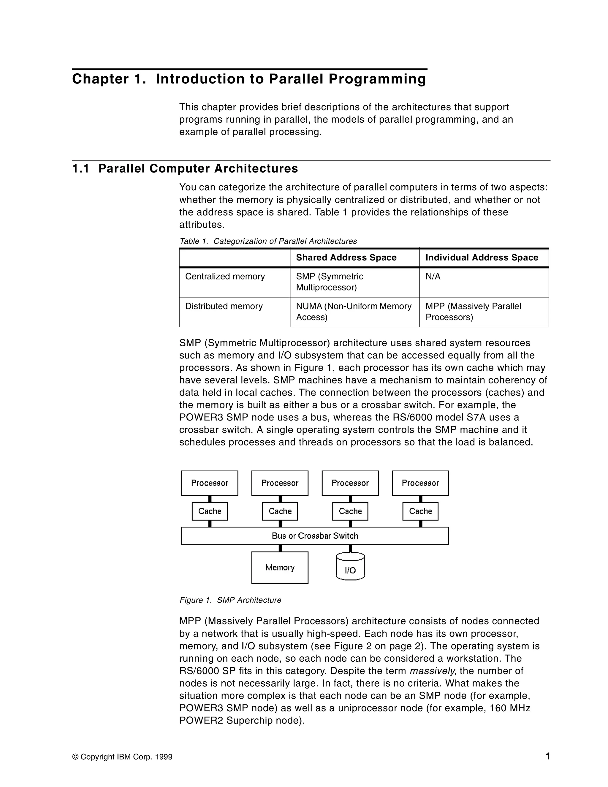 © Copyright IBM Corp. 1999 1
Chapter 1. Introduction to Parallel Programming
This chapter provides brief descriptions of the architectures that support
programs running in parallel, the models of parallel programming, and an
example of parallel processing.
1.1 Parallel Computer Architectures
You can categorize the architecture of parallel computers in terms of two aspects:
whether the memory is physically centralized or distributed, and whether or not
the address space is shared. Table 1 provides the relationships of these
attributes.
Table 1. Categorization of Parallel Architectures
SMP (Symmetric Multiprocessor) architecture uses shared system resources
such as memory and I/O subsystem that can be accessed equally from all the
processors. As shown in Figure 1, each processor has its own cache which may
have several levels. SMP machines have a mechanism to maintain coherency of
data held in local caches. The connection between the processors (caches) and
the memory is built as either a bus or a crossbar switch. For example, the
POWER3 SMP node uses a bus, whereas the RS/6000 model S7A uses a
crossbar switch. A single operating system controls the SMP machine and it
schedules processes and threads on processors so that the load is balanced.
Figure 1. SMP Architecture
MPP (Massively Parallel Processors) architecture consists of nodes connected
by a network that is usually high-speed. Each node has its own processor,
memory, and I/O subsystem (see Figure 2 on page 2). The operating system is
running on each node, so each node can be considered a workstation. The
RS/6000 SP fits in this category. Despite the term massively, the number of
nodes is not necessarily large. In fact, there is no criteria. What makes the
situation more complex is that each node can be an SMP node (for example,
POWER3 SMP node) as well as a uniprocessor node (for example, 160 MHz
POWER2 Superchip node).
Shared Address Space Individual Address Space
Centralized memory SMP (Symmetric
Multiprocessor)
N/A
Distributed memory NUMA (Non-Uniform Memory
Access)
MPP (Massively Parallel
Processors)
 