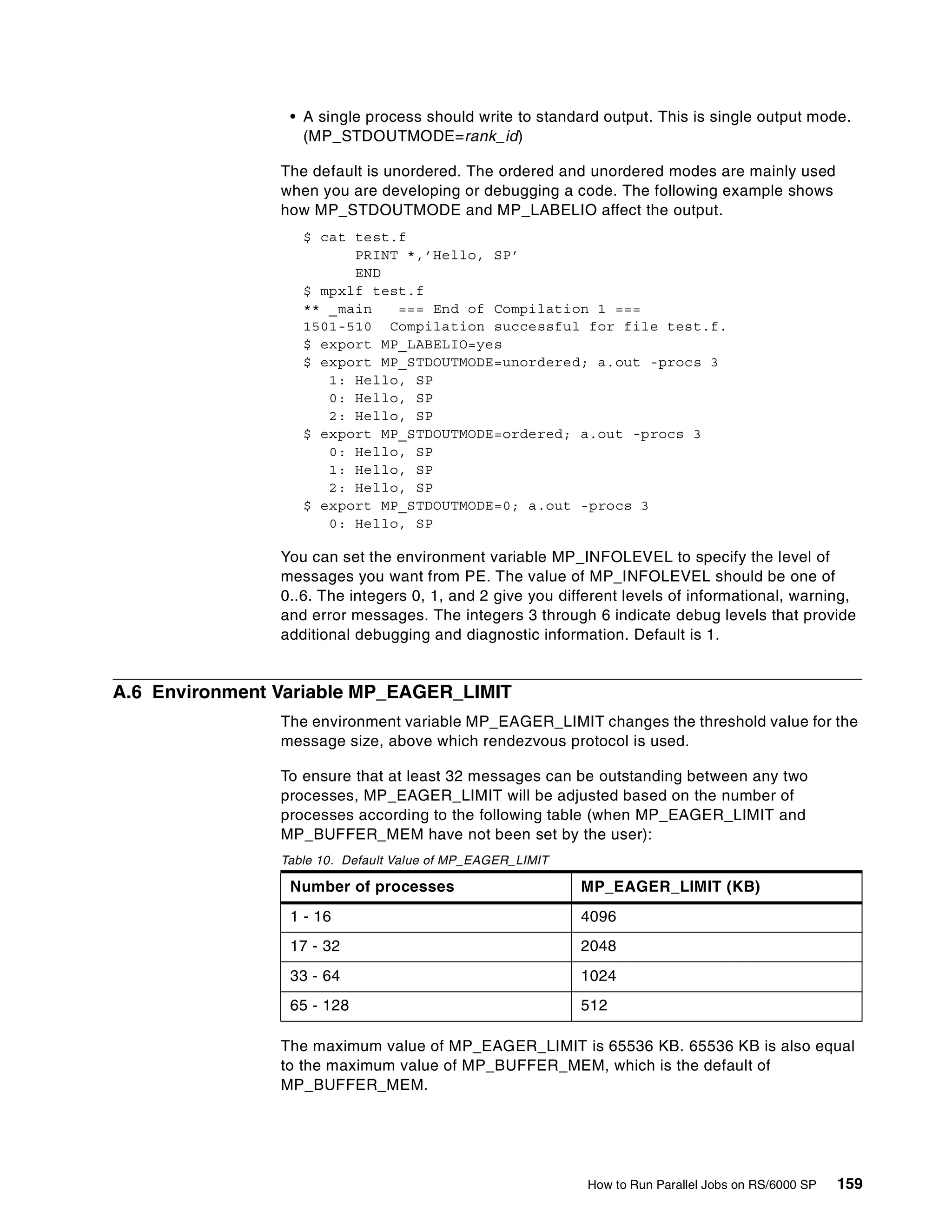How to Run Parallel Jobs on RS/6000 SP 159
• A single process should write to standard output. This is single output mode.
(MP_STDOUTMODE=rank_id)
The default is unordered. The ordered and unordered modes are mainly used
when you are developing or debugging a code. The following example shows
how MP_STDOUTMODE and MP_LABELIO affect the output.
$ cat test.f
PRINT *,’Hello, SP’
END
$ mpxlf test.f
** _main === End of Compilation 1 ===
1501-510 Compilation successful for file test.f.
$ export MP_LABELIO=yes
$ export MP_STDOUTMODE=unordered; a.out -procs 3
1: Hello, SP
0: Hello, SP
2: Hello, SP
$ export MP_STDOUTMODE=ordered; a.out -procs 3
0: Hello, SP
1: Hello, SP
2: Hello, SP
$ export MP_STDOUTMODE=0; a.out -procs 3
0: Hello, SP
You can set the environment variable MP_INFOLEVEL to specify the level of
messages you want from PE. The value of MP_INFOLEVEL should be one of
0..6. The integers 0, 1, and 2 give you different levels of informational, warning,
and error messages. The integers 3 through 6 indicate debug levels that provide
additional debugging and diagnostic information. Default is 1.
A.6 Environment Variable MP_EAGER_LIMIT
The environment variable MP_EAGER_LIMIT changes the threshold value for the
message size, above which rendezvous protocol is used.
To ensure that at least 32 messages can be outstanding between any two
processes, MP_EAGER_LIMIT will be adjusted based on the number of
processes according to the following table (when MP_EAGER_LIMIT and
MP_BUFFER_MEM have not been set by the user):
Table 10. Default Value of MP_EAGER_LIMIT
The maximum value of MP_EAGER_LIMIT is 65536 KB. 65536 KB is also equal
to the maximum value of MP_BUFFER_MEM, which is the default of
MP_BUFFER_MEM.
Number of processes MP_EAGER_LIMIT (KB)
1 - 16 4096
17 - 32 2048
33 - 64 1024
65 - 128 512
 