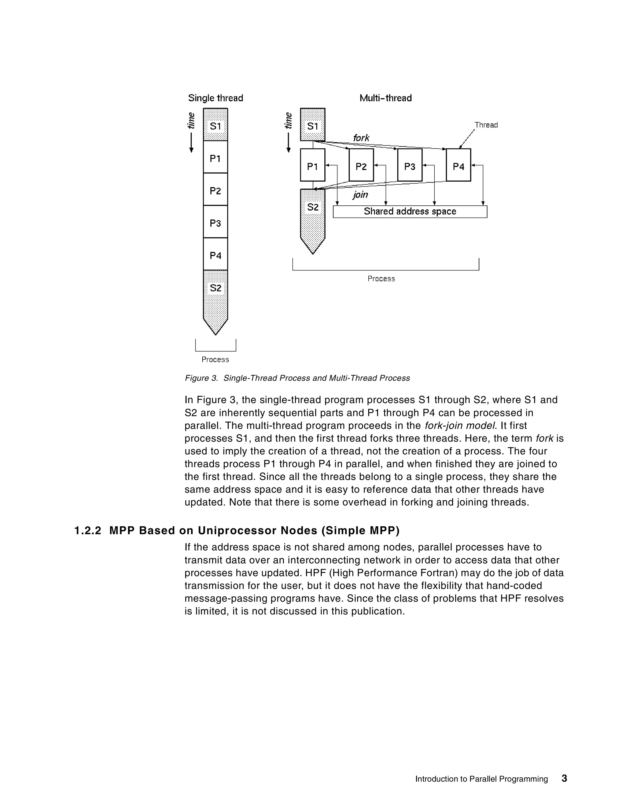 Introduction to Parallel Programming 3
Figure 3. Single-Thread Process and Multi-Thread Process
In Figure 3, the single-thread program processes S1 through S2, where S1 and
S2 are inherently sequential parts and P1 through P4 can be processed in
parallel. The multi-thread program proceeds in the fork-join model. It first
processes S1, and then the first thread forks three threads. Here, the term fork is
used to imply the creation of a thread, not the creation of a process. The four
threads process P1 through P4 in parallel, and when finished they are joined to
the first thread. Since all the threads belong to a single process, they share the
same address space and it is easy to reference data that other threads have
updated. Note that there is some overhead in forking and joining threads.
1.2.2 MPP Based on Uniprocessor Nodes (Simple MPP)
If the address space is not shared among nodes, parallel processes have to
transmit data over an interconnecting network in order to access data that other
processes have updated. HPF (High Performance Fortran) may do the job of data
transmission for the user, but it does not have the flexibility that hand-coded
message-passing programs have. Since the class of problems that HPF resolves
is limited, it is not discussed in this publication.
 