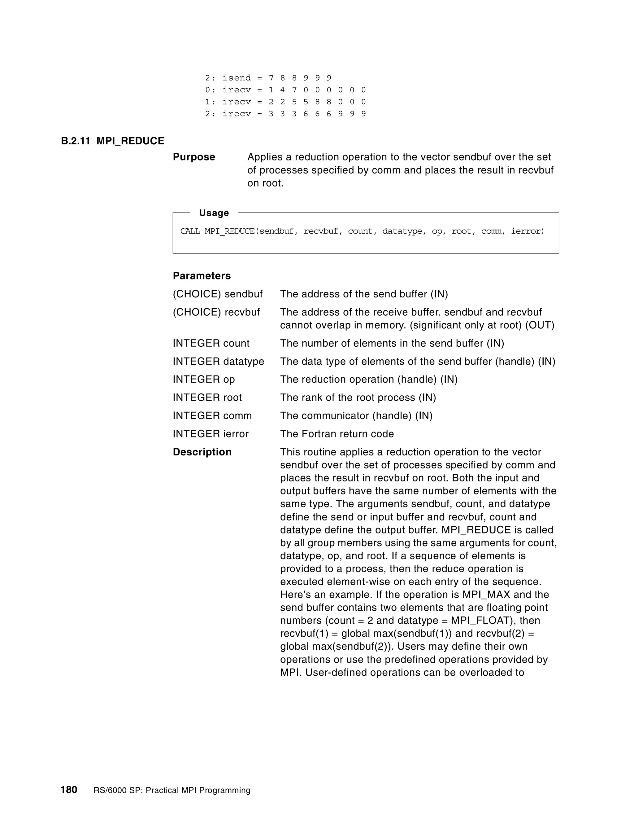180 RS/6000 SP: Practical MPI Programming
2: isend = 7 8 8 9 9 9
0: irecv = 1 4 7 0 0 0 0 0 0
1: irecv = 2 2 5 5 8 8 0 0 0
2: irecv = 3 3 3 6 6 6 9 9 9
B.2.11 MPI_REDUCE
Purpose Applies a reduction operation to the vector sendbuf over the set
of processes specified by comm and places the result in recvbuf
on root.
Parameters
(CHOICE) sendbuf The address of the send buffer (IN)
(CHOICE) recvbuf The address of the receive buffer. sendbuf and recvbuf
cannot overlap in memory. (significant only at root) (OUT)
INTEGER count The number of elements in the send buffer (IN)
INTEGER datatype The data type of elements of the send buffer (handle) (IN)
INTEGER op The reduction operation (handle) (IN)
INTEGER root The rank of the root process (IN)
INTEGER comm The communicator (handle) (IN)
INTEGER ierror The Fortran return code
Description This routine applies a reduction operation to the vector
sendbuf over the set of processes specified by comm and
places the result in recvbuf on root. Both the input and
output buffers have the same number of elements with the
same type. The arguments sendbuf, count, and datatype
define the send or input buffer and recvbuf, count and
datatype define the output buffer. MPI_REDUCE is called
by all group members using the same arguments for count,
datatype, op, and root. If a sequence of elements is
provided to a process, then the reduce operation is
executed element-wise on each entry of the sequence.
Here’s an example. If the operation is MPI_MAX and the
send buffer contains two elements that are floating point
numbers (count = 2 and datatype = MPI_FLOAT), then
recvbuf(1) = global max(sendbuf(1)) and recvbuf(2) =
global max(sendbuf(2)). Users may define their own
operations or use the predefined operations provided by
MPI. User-defined operations can be overloaded to
CALL MPI_REDUCE(sendbuf, recvbuf, count, datatype, op, root, comm, ierror)
Usage
 