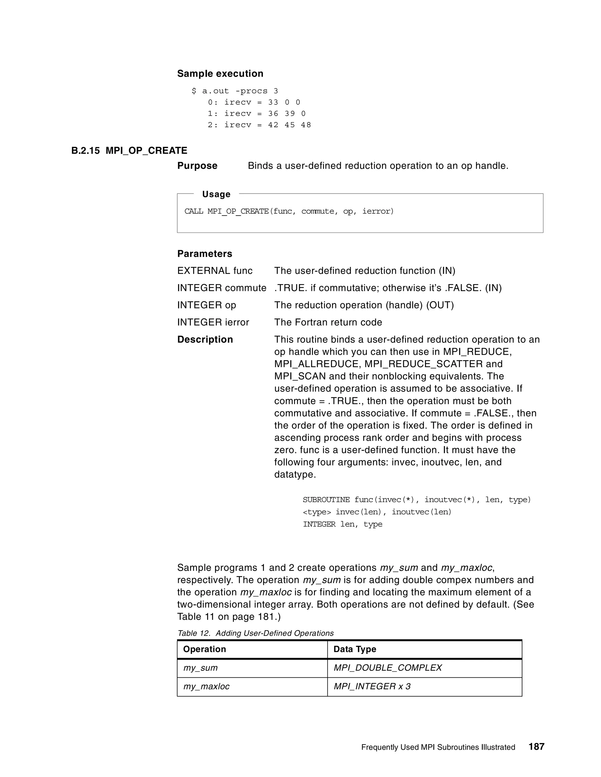 Frequently Used MPI Subroutines Illustrated 187
Sample execution
$ a.out -procs 3
0: irecv = 33 0 0
1: irecv = 36 39 0
2: irecv = 42 45 48
B.2.15 MPI_OP_CREATE
Purpose Binds a user-defined reduction operation to an op handle.
Parameters
EXTERNAL func The user-defined reduction function (IN)
INTEGER commute .TRUE. if commutative; otherwise it’s .FALSE. (IN)
INTEGER op The reduction operation (handle) (OUT)
INTEGER ierror The Fortran return code
Description This routine binds a user-defined reduction operation to an
op handle which you can then use in MPI_REDUCE,
MPI_ALLREDUCE, MPI_REDUCE_SCATTER and
MPI_SCAN and their nonblocking equivalents. The
user-defined operation is assumed to be associative. If
commute = .TRUE., then the operation must be both
commutative and associative. If commute = .FALSE., then
the order of the operation is fixed. The order is defined in
ascending process rank order and begins with process
zero. func is a user-defined function. It must have the
following four arguments: invec, inoutvec, len, and
datatype.
SUBROUTINE func(invec(*), inoutvec(*), len, type)
<type> invec(len), inoutvec(len)
INTEGER len, type
Sample programs 1 and 2 create operations my_sum and my_maxloc,
respectively. The operation my_sum is for adding double compex numbers and
the operation my_maxloc is for finding and locating the maximum element of a
two-dimensional integer array. Both operations are not defined by default. (See
Table 11 on page 181.)
Table 12. Adding User-Defined Operations
Operation Data Type
my_sum MPI_DOUBLE_COMPLEX
my_maxloc MPI_INTEGER x 3
CALL MPI_OP_CREATE(func, commute, op, ierror)
Usage
 