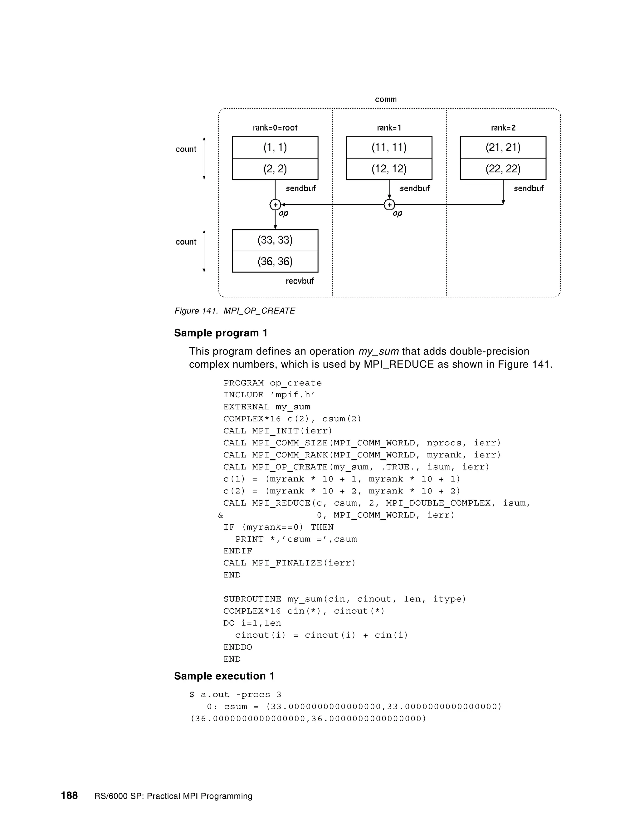 188 RS/6000 SP: Practical MPI Programming
Figure 141. MPI_OP_CREATE
Sample program 1
This program defines an operation my_sum that adds double-precision
complex numbers, which is used by MPI_REDUCE as shown in Figure 141.
PROGRAM op_create
INCLUDE ’mpif.h’
EXTERNAL my_sum
COMPLEX*16 c(2), csum(2)
CALL MPI_INIT(ierr)
CALL MPI_COMM_SIZE(MPI_COMM_WORLD, nprocs, ierr)
CALL MPI_COMM_RANK(MPI_COMM_WORLD, myrank, ierr)
CALL MPI_OP_CREATE(my_sum, .TRUE., isum, ierr)
c(1) = (myrank * 10 + 1, myrank * 10 + 1)
c(2) = (myrank * 10 + 2, myrank * 10 + 2)
CALL MPI_REDUCE(c, csum, 2, MPI_DOUBLE_COMPLEX, isum,
& 0, MPI_COMM_WORLD, ierr)
IF (myrank==0) THEN
PRINT *,’csum =’,csum
ENDIF
CALL MPI_FINALIZE(ierr)
END
SUBROUTINE my_sum(cin, cinout, len, itype)
COMPLEX*16 cin(*), cinout(*)
DO i=1,len
cinout(i) = cinout(i) + cin(i)
ENDDO
END
Sample execution 1
$ a.out -procs 3
0: csum = (33.0000000000000000,33.0000000000000000)
(36.0000000000000000,36.0000000000000000)
 